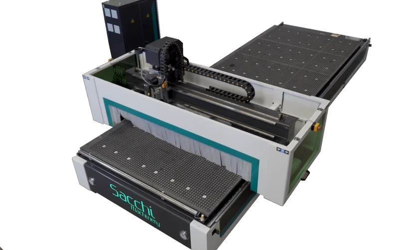 CNC Nesting 3 Ejes Sacchi — Mesa matricial fenólica con vacío para tablero y panel